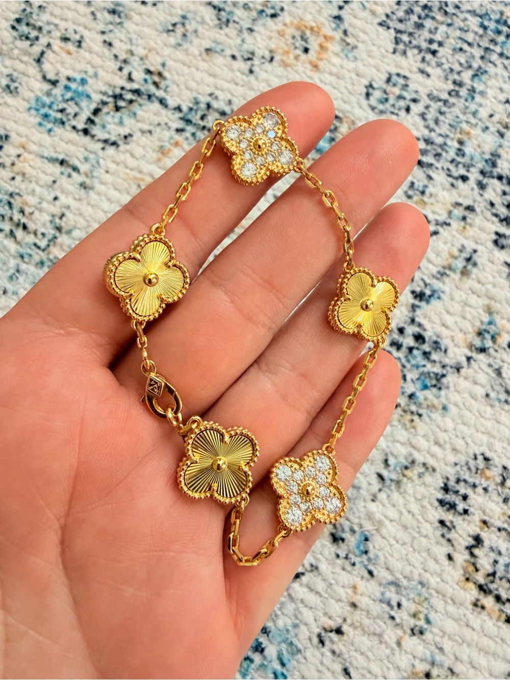 Gold Clover Link Bracelet with Crystal Accents - Timeless Floral Design - Picture 4 of 5